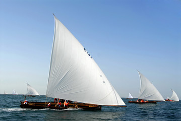 Arabic Wooden Sailing Dhows Spread Throughout The Ocean - obrazy, fototapety, plakaty