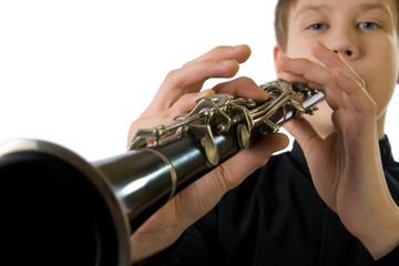 Clarinet player. It is isolated on a white background.