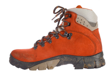 single red trekking boot, side view