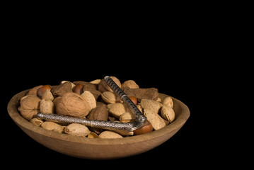 Side View, Wooden Bowl Mixed Nuts Black Iso.