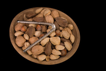 Mixed Nuts, Wooden Bowl, And Cracker, Black Iso.