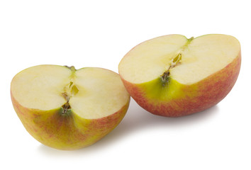 two halfs of pink apple on white background