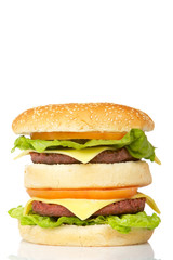 Double cheeseburger, reflected on white background