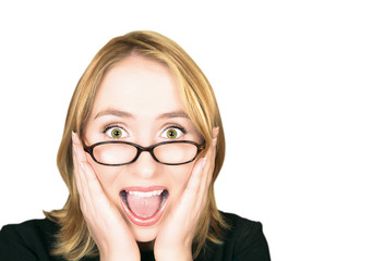 Young blond woman with large green eyes in glasses