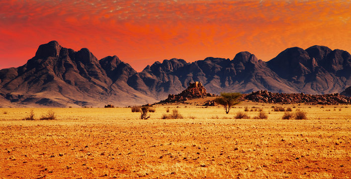 Colorful sunset in Namib Desert, Namibia.