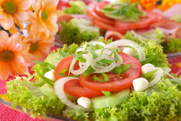 Fresh salad with onion, tomato and basil