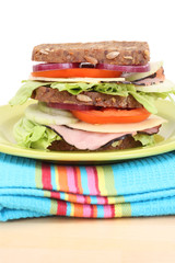 big sandwich on green plate isolated on white