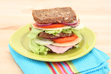 big sandwich on green plate on the table