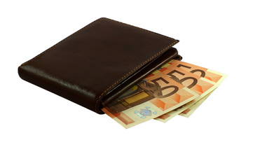 purse with cash on the white background