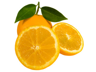 ripe orange with another orange sliced isolated in white