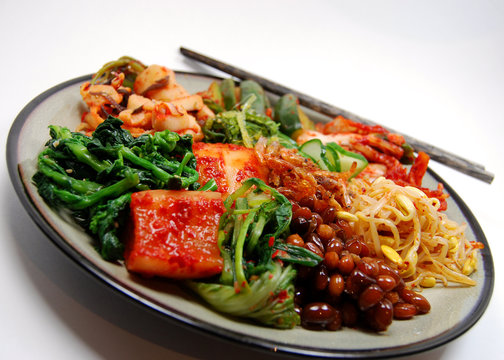plate of korean side dishes, or banchan