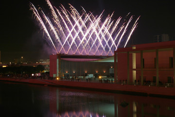 fireworks display on the portuguese pavillion at lisbon