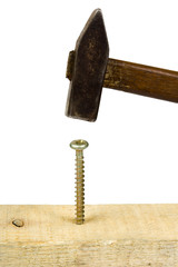 Hammer and screw, isolated on white background