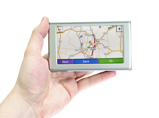 GPS VEHICLE NAVIGATION SYSTEM IN A MAN HAND ISOLATED ON WHITE..
