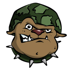 A mean bulldog in an army or military helmet.