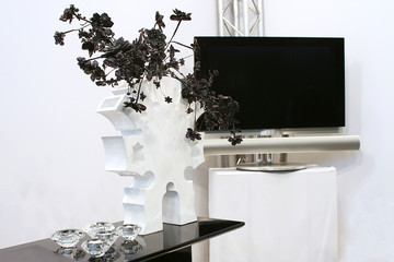 white - black detail of interior with TV set