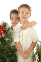 Adorable young boys standing in front of Christmas trees