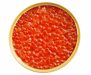 Tin with red caviar isolated over white background