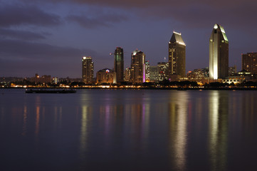 A view on San Diego Downtown from Coronado Island at dusk.