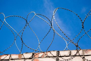 loops of barbwire in front of blue sky