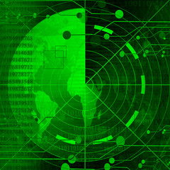 Green radar screen with world map