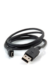 usb cable with mini-usb laying on a white background