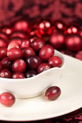 Bowl fileed with cranberries on red background