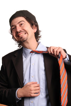 Stressed businessman hanging himself with his necktie