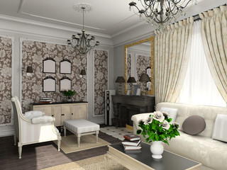 living-room with the classic furniture. 3D render. Living-room..