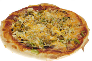 Fresh homemade pizza on a white background.