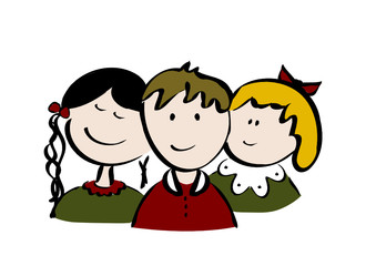 Drei Kinder in Festtagskleidung, handgezeichnet 