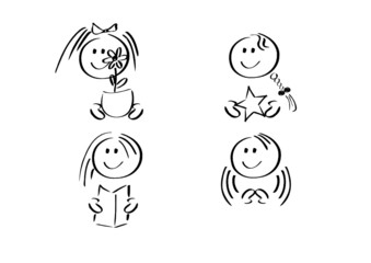 Icons: Vier fröhliche Mädchen mit Gegenständen (kombinierbar)