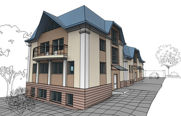 Illustration of Cottage. Decorative painting with inked outline.