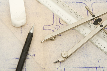 drawing tools with old blueprint background