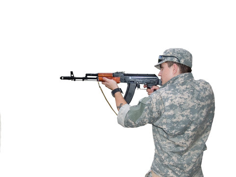 The isolated image with clipping path of the soldier with AK-74S