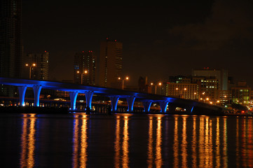 View of Bridge to Port of Miami at Night with Blue Lights.