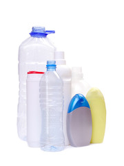 Assorted plastic bottles over white background