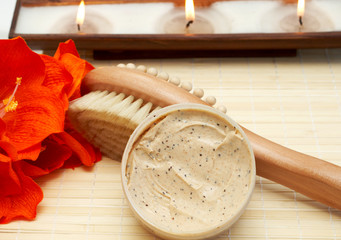 Relaxing spa scene with nourishing and exfoliating body scrub