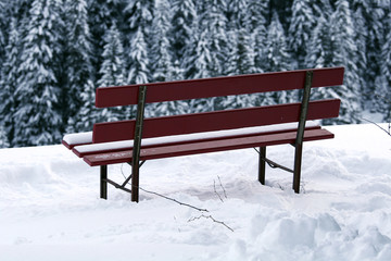 Rote Sitzbank mit Schnee bedeckt 
