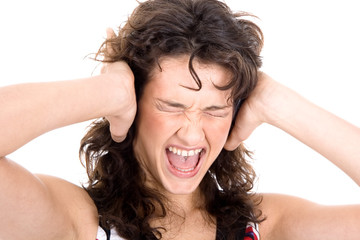 Fototapeta premium Frightened woman shriek and hold on a head with hands