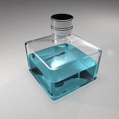 Blue liquid in square glass bottle