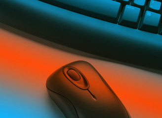 Wireless keyboard and mouse overlaid with blue and orange effect