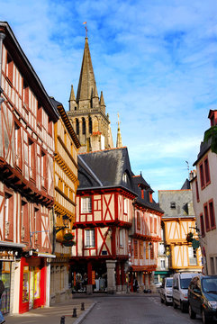 Street with colorful houses in medieval city of Vannes, France.