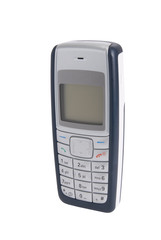 Basic mobile phone set at slight angle on white background