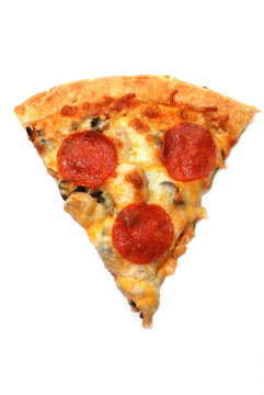 Slice of pepperoni pizza isolated on white background.