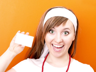 Woman with white business card.