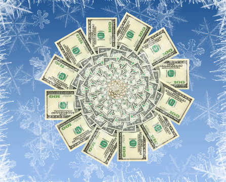 Flower made of dollar banknotes on a cold winter