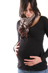 young pregnant woman on white background