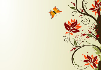 Grunge paint flower background with butterfly, vector