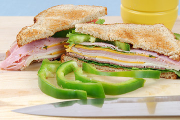 A sliced toasted sandwiich of cold cuts